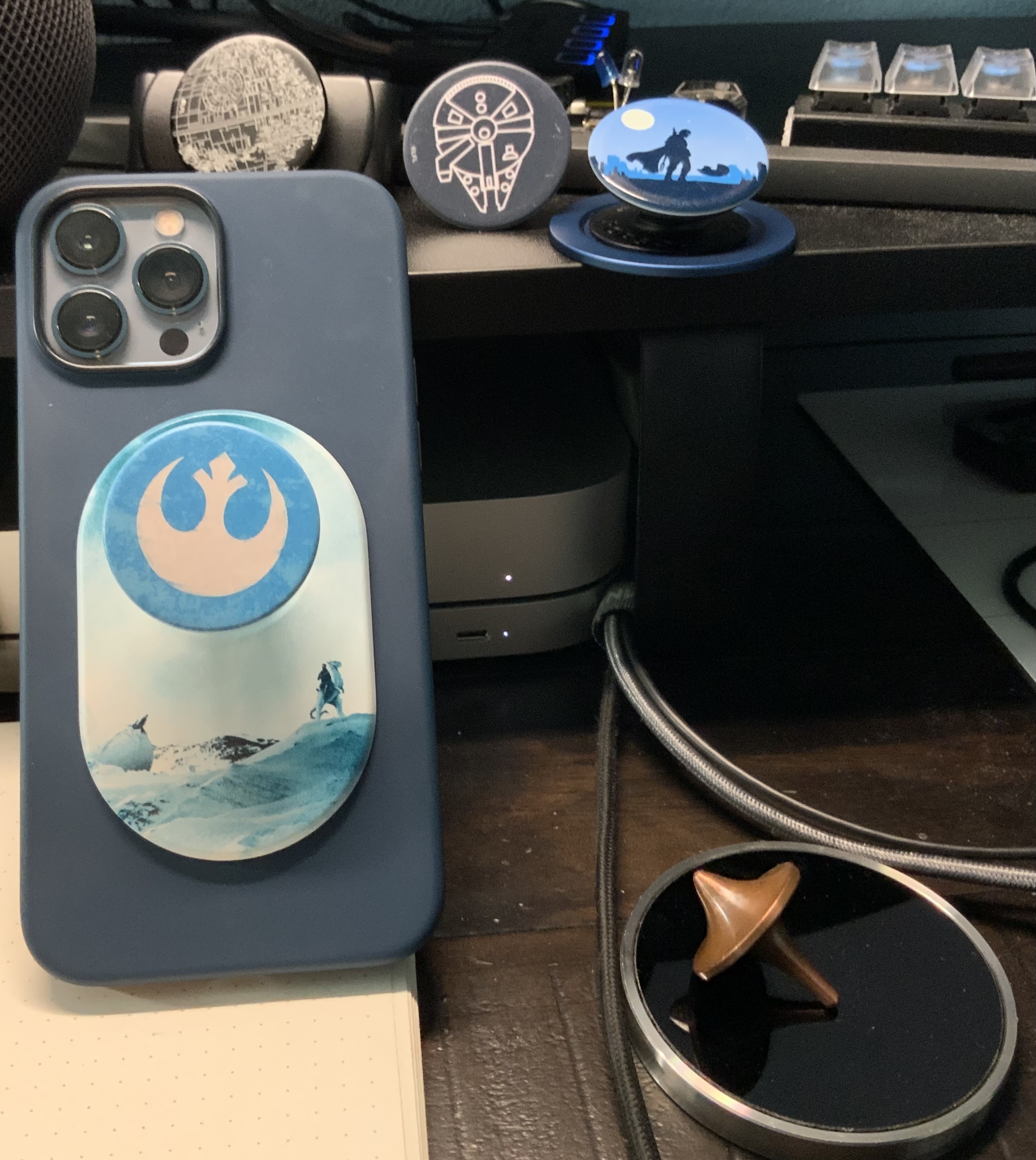New iPhone 13 Pro Max Sierra Blue with Abyss Blue Silicone Case and a custom printed MagSafe PopSocket.